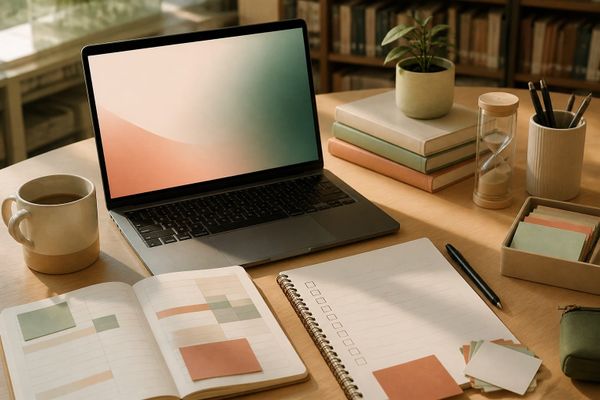 Desk universitaria para estudiantes con checklist de activación de Google Gemini AI Plus, portátil sin marcas y reloj de arena