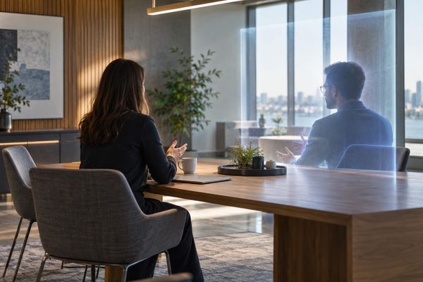 Google Beam Deutschland: immersives Remote-Meeting mit zwei Teammitgliedern an einem transparenten Telepresence-Screen