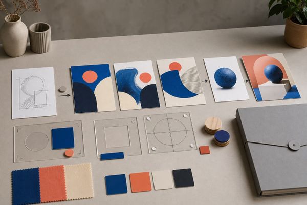 Google Pics workflow audit for social teams on a studio desk with geometric concept cards, editing stages, approval tokens, and an archive folder