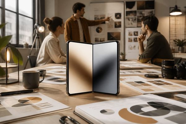 Illustrazione editoriale iPhone Duo 2026 con smartphone pieghevole astratto in studio creator, senza interfacce, loghi o marchi