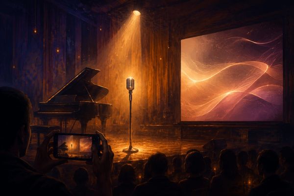 Kahitna 40 Tahun dan Carlo Saba virtual: ilustrasi mikrofon kosong, piano, layar bercahaya, dan penonton merekam video dengan ponsel.