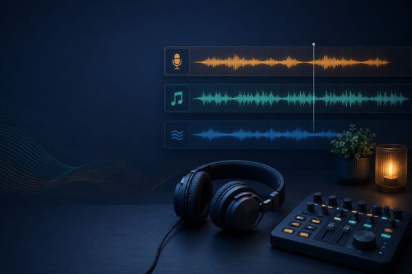 Lyria-Musik für Videos: Kopfhörer und Audio-Controller im Studio neben abstrakten farbigen Klangspuren