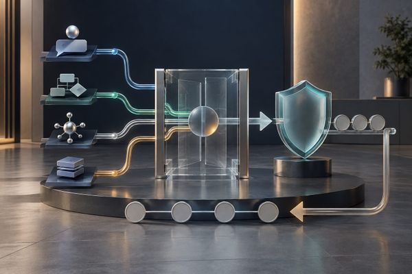 Editorial illustration of an enterprise AI readiness audit with workflow modules and decision gates