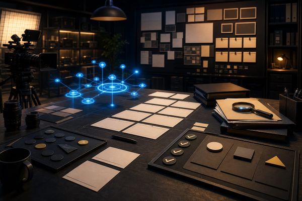 Illustrated AI creator partnership planning studio with blank storyboards, camera gear and evidence folders; no people or brand logos