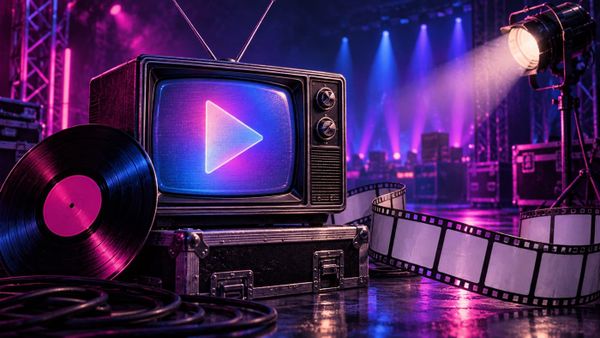 Illustrated vintage television, blank film frames, record and stage lights for a guide to the Spotify MTV VMAs 2026 video archive.
