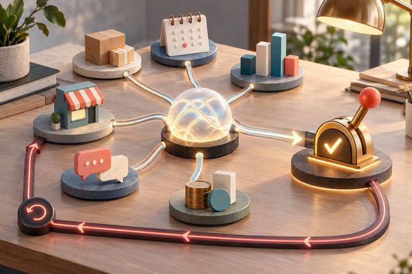 Small-business workflow modules connected to an AI hub, human approval lever, and visible rollback path