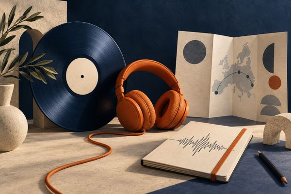 Music in the EU 2026: vinile blu, cuffie arancioni, taccuino color crema con onda astratta e foglio piegato con sagoma dell’Europa