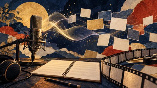 ON SYMPHONYのYouTube公開計画をイメージしたマイク、白紙の音楽ノート、フィルムと音の帯。実際の作品画面ではありません。