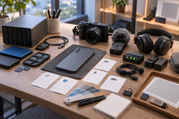 Galaxy creator update checklist Korea studio workspace with an unbranded device, camera and audio test tools, no text or logos