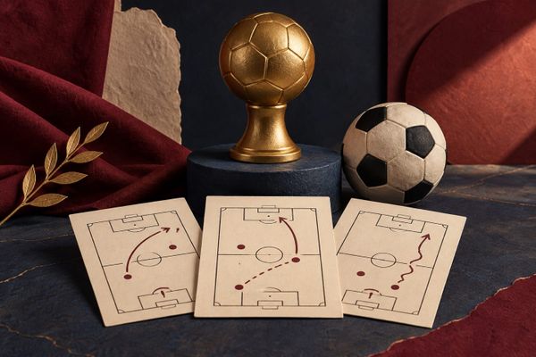 Trofeo simbólico dorado de fútbol, balón y tres tarjetas con diagramas de campo para el MVP de agosto de Raphinha, sobre fondo burdeos y azul.
