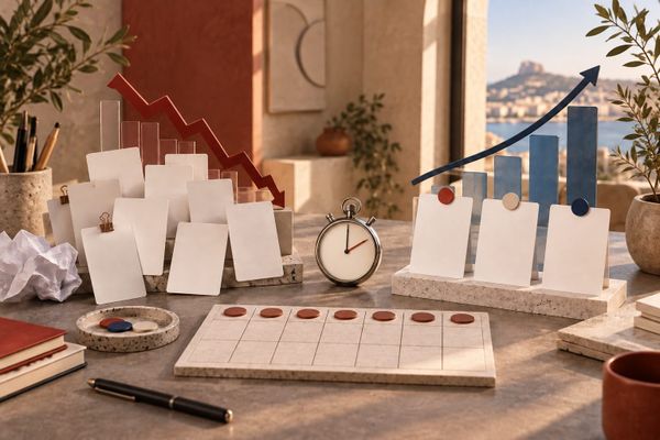 IAB Spain 2026: desk editorial con tarjetas de Instagram, señales físicas de eficiencia y reloj sin texto