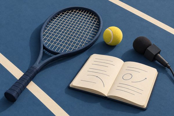 Racchetta blu, pallina gialla, microfono nero e taccuino crema: studio grafico sulle parole di Rybakina prima della finale US Open, senza persone.