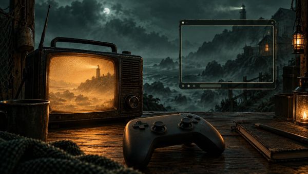 Rádio com tela, controle genérico e moldura de transmissão diante de uma costa com névoa, ilustração para a live de Silent Hill: Townfall.