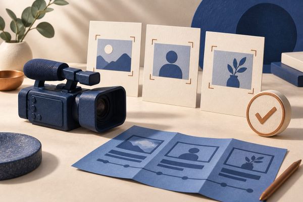 Video camera with three project cards and an approval stamp, representing Socialive Catalyst early access checks for a video team; no logos or text.