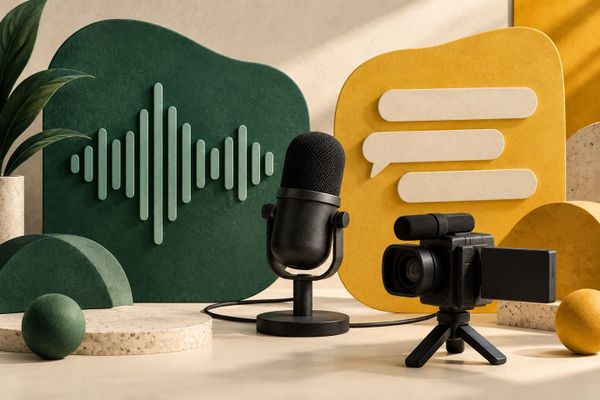Green waveform and yellow speech panels with a black studio mic and small video camera illustrate the Open Mic and Verified guide; no artist or logo.