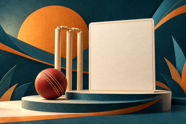 Cricket ball and stumps beside a blank ranking report card on a rising podium, editorial illustration for Sree Charani's ICC T20I record.