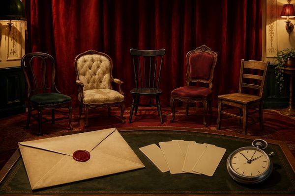 Taskmaster Series 22: an original illustration of five empty mismatched chairs, red curtains, a sealed envelope, a stopwatch and face-down cream cards