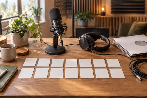 Threads Podcast 14-Tage-Test für Creator: Studio-Desk mit Mikrofon, Kopfhörern, Audio-Kabel und vierzehn leeren Planungskarten