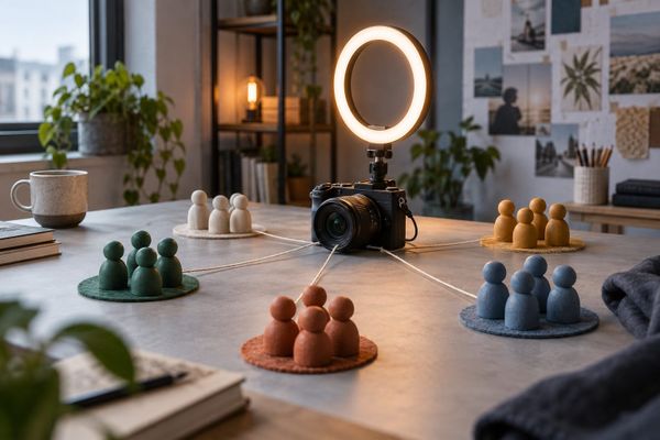 Ungebrandetes Creator-Studio mit Kamera und kleinen verbundenen Community-Gruppen für den VideoDays Nischen-Community-Test 2026