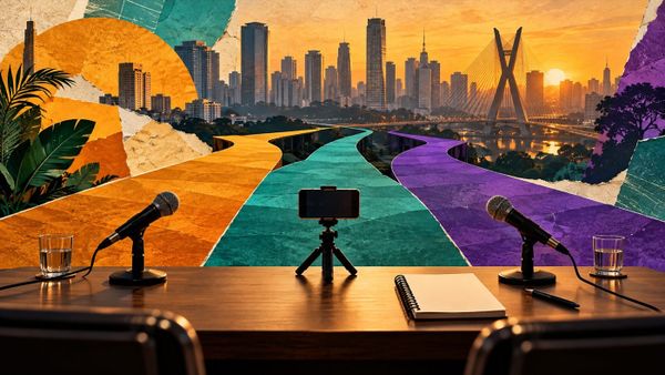 Mesa de conferência com dois microfones, smartphone e caderno, diante de uma São Paulo ilustrada, para acompanhar o YOUPIX Summit 2026.