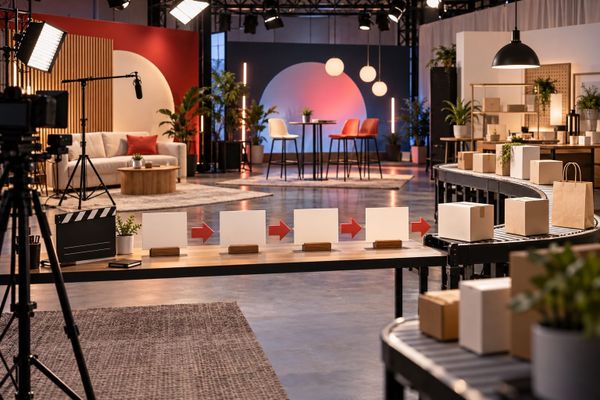 Unbranded creator studio with connected production stages, blank planning cards and packages moving toward a commerce workflow.