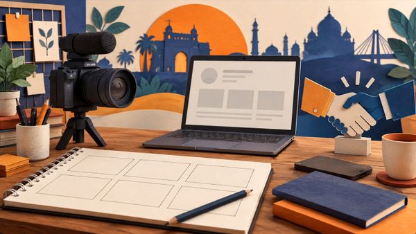 Camera, blank media kit on a laptop and paper collaboration shapes for a guide to YouTube Creator Partnerships in India.