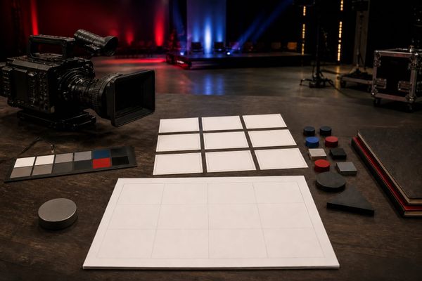 Unmarkiertes Produktionsstudio mit Kamera, leeren Storyboards, Prüfraster und abstrakten Messsteinen für Creator-Werbung