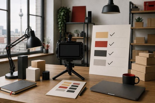 Konzeptionelles Creator-Studio in Berlin mit leerem Kameramonitor, neutralen Produktboxen und visueller Checkliste ohne Text oder Logos