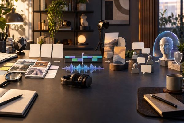 YouTube Studio AI 2026 için araştırma, kurgu, thumbnail, topluluk ve kimlik koruma aşamalarını gösteren yazısız creator çalışma masası