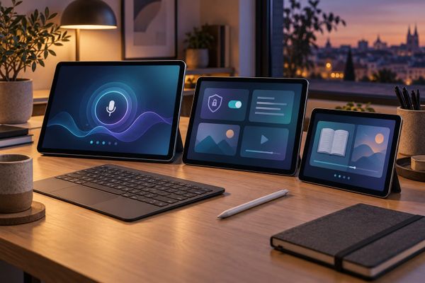 Amazon Alexa Tablets con Google Play en un escritorio español, con un dashboard visual para checklist de voz, privacidad, lectura y vídeo