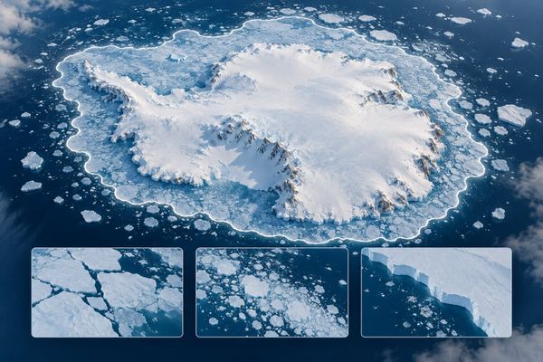 An Antarctic sea-ice explainer studio illustration with a conceptual icy coastline and three blank map panels