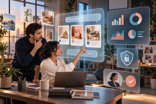 Dos profesionales de marketing revisan creatividades visuales, métricas, privacidad y aprobación humana antes de una campaña de ChatGPT Ads