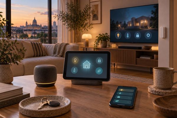 Mesa de un hogar español preparada para Apple Welcome Home con pantalla, altavoz, televisión, sensor y smartphone sin marcas
