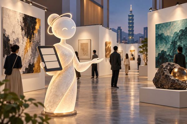 ART TAIPEI 導覽比較的 studio 編輯插圖，以空白導覽平板和一般展場呈現概念，並非官方介面