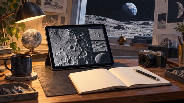 Lunar textures on a tablet beside a camera and observation notebook, illustrating the Artemis II public data archive.