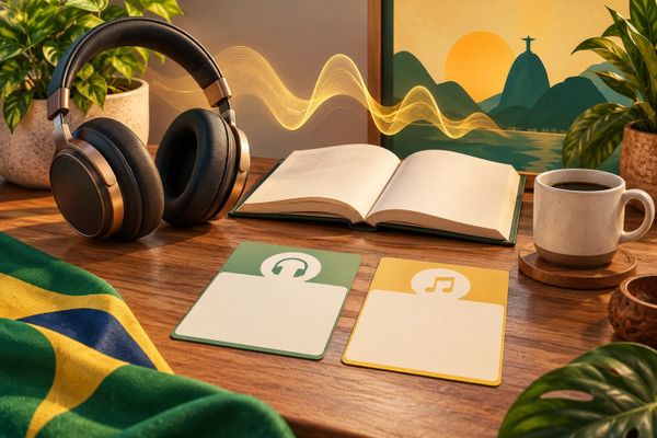 Ilustração da pesquisa Audible no Brasil com fones de ouvido, livro aberto, onda sonora e dois cartões de dados vazios sobre uma mesa