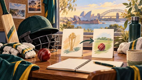 An Australia women's ODI preview studio with generic cricket gear, a trophy sketch and blank calendar cards overlooking a ground