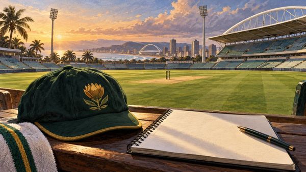 A Bavuma Australia Test preview briefing workspace with a generic green cricket cap and a blank notebook beside a ground
