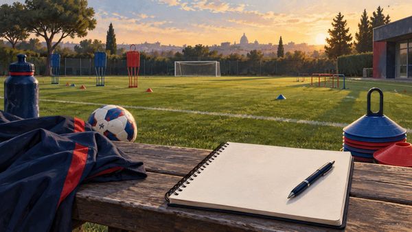 Un studio de lecture pour l'entretien de Beraldo au PSG avec carnet au bord d'un terrain et ballon de football