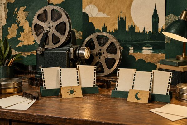 Film projector, reels and blank shortlist cards on a cinema desk, editorial illustration for BFI London Film Festival 2026.