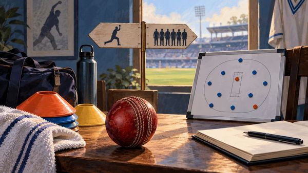 A Bhuvneshwar India New Zealand squad briefing studio with generic cricket equipment and a blank selection board on a desk