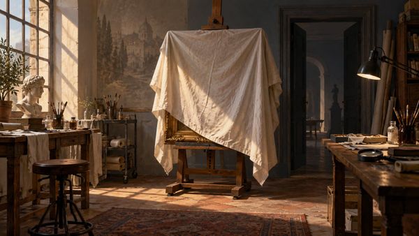 Uno studio per la scheda trailer di ChiaroScuro con un dipinto coperto, una film camera e un taccuino aperto