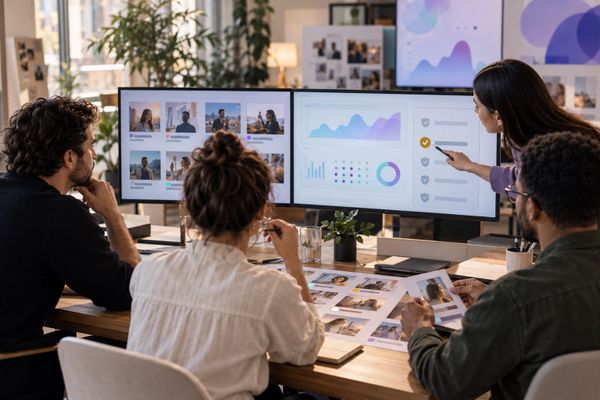 Team di creator marketing che confronta profili, grafici e controlli di brand suitability prima di approvare una campagna assistita da AI