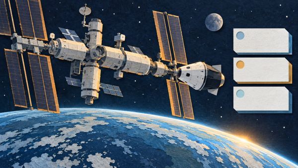 Conceptual space station and attached capsule above Earth with blank status report cards, illustration for NASA's Crew-13 ISS arrival.