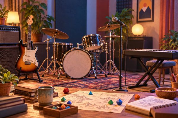 A Rockbeasts game-and-music studio illustration with empty instruments, microphone and plain tabletop pieces