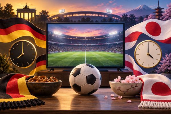 Illustration zum Spiel der DFB-Frauen gegen Japan mit Fernseher, Stadion und zwei Zifferblättern ohne Zahlen für Sendung und Anpfiff