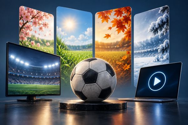 Illustration zu neuen Fußball-Medienrechten mit Ball, vier leeren Saisonfeldern und Bildschirm-Symbolen ohne Senderlogos