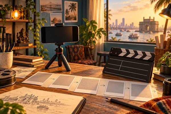 Edits Film Festival 2026 के विषय पर मुंबई से प्रेरित स्टूडियो में tripod पर smartphone और खाली storyboard कार्ड, असली आयोजन की तस्वीर नहीं