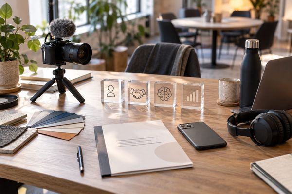 Fair-Play-Check der Creator Economy an unmarkiertem Video-Arbeitsplatz mit Kamera, Vertrag und Symbolen für Partnerschaft, KI und Messung