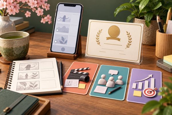 FinTのTikTok認定を説明するイラストで、スマートフォンの動画案、無地の認定書と制作・運用・広告のカードを机に配置